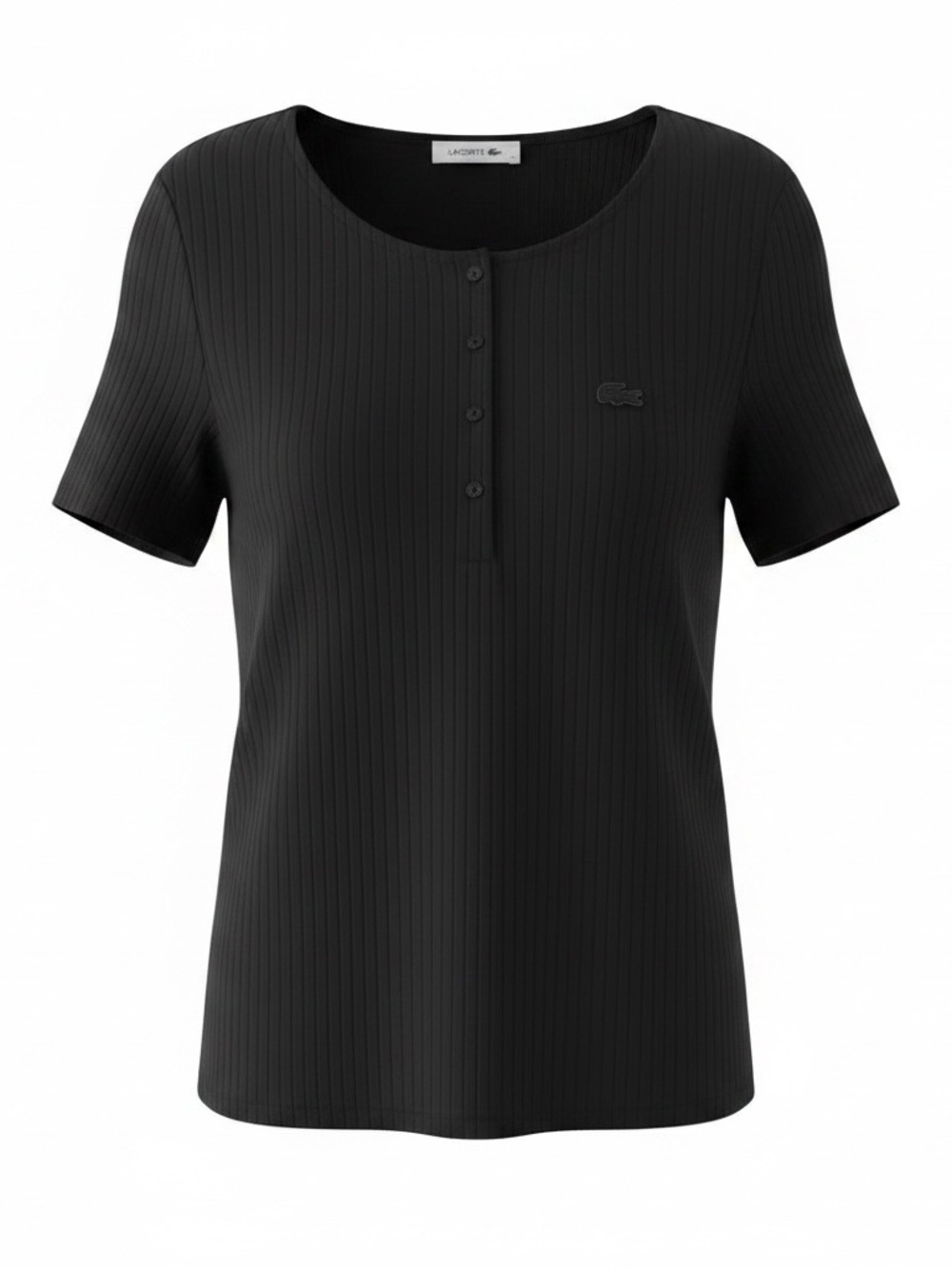 Lacoste 42 Black Ribbed Short-Sleeve Buttoned Top Classic Preppy Goth Minimalist
